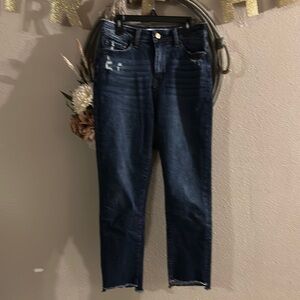 Blue Ankle Cropped Jeans with Dark Wash and Fading